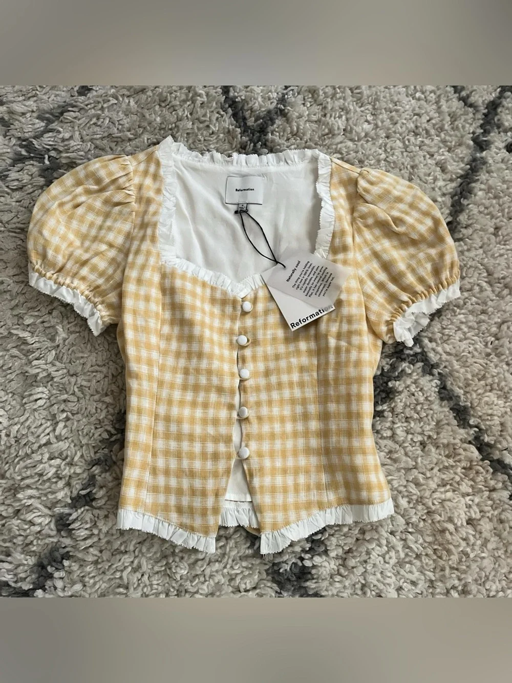 Reformation Linen Yellow Gingham Puff-Sleeve Button Front Top